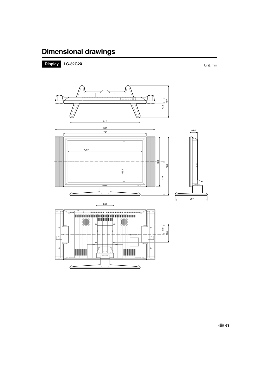 Sharp TU-32GAX, TU-37GAX, LC-37G2X, LC-32G2X warranty Dimensional drawings 