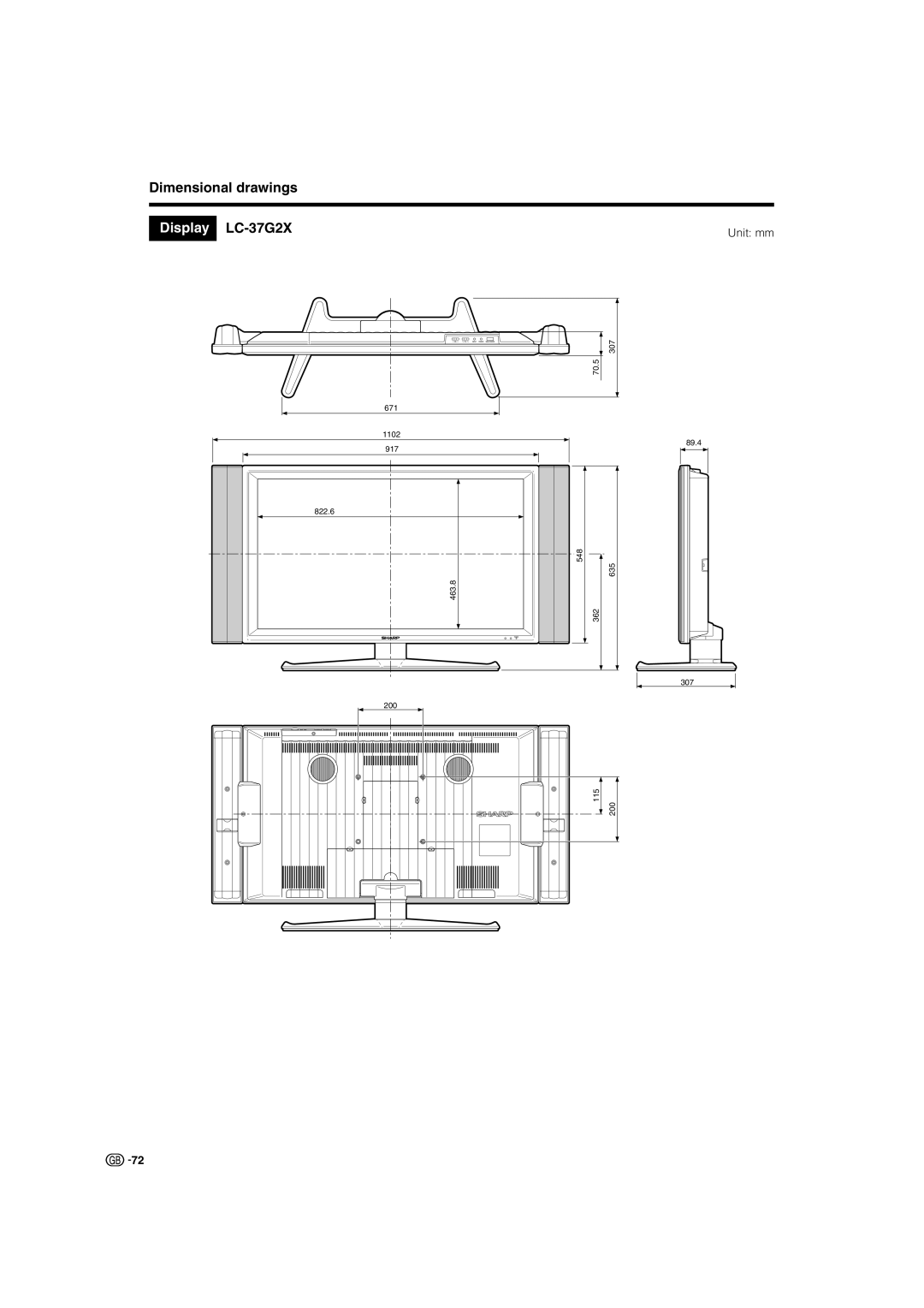 Sharp TU-37GAX, TU-32GAX, LC-32G2X warranty Dimensional drawings, LC-37G2X 