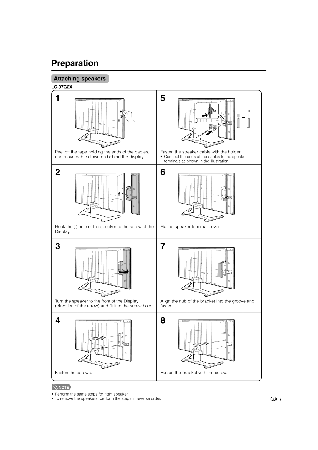 Sharp TU-32GAX, TU-37GAX, LC-32G2X warranty Preparation, Attaching speakers, LC-37G2X 