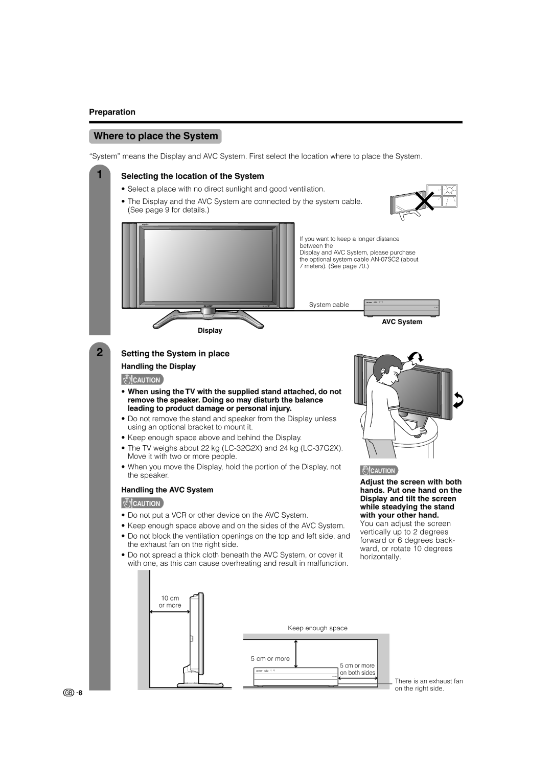 Sharp TU-37GAX Where to place the System, Preparation, Selecting the location of the System, Setting the System in place 