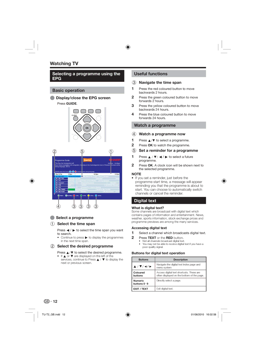 Sharp TU-T2 operation manual Selecting a programme using, Watch a programme, Digital text 