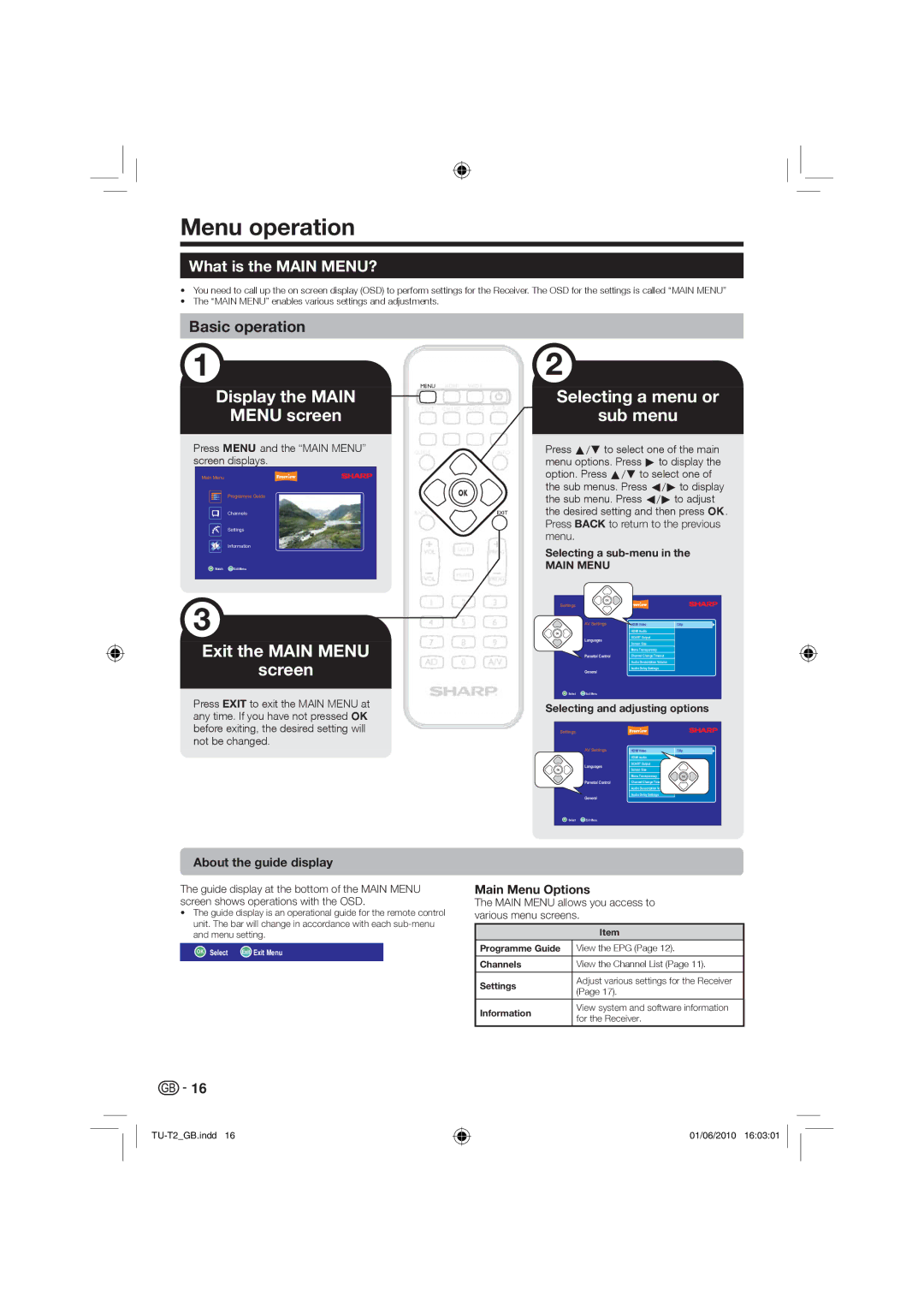 Sharp TU-T2 operation manual Menu operation, What is the Main MENU?, About the guide display, Main Menu Options 