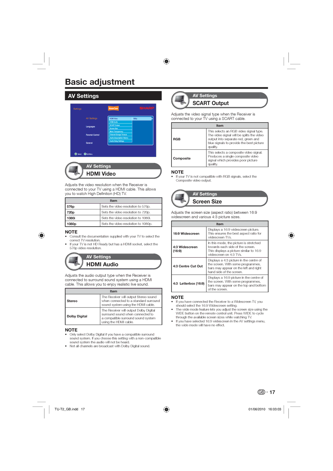 Sharp TU-T2 operation manual Basic adjustment, AV Settings 