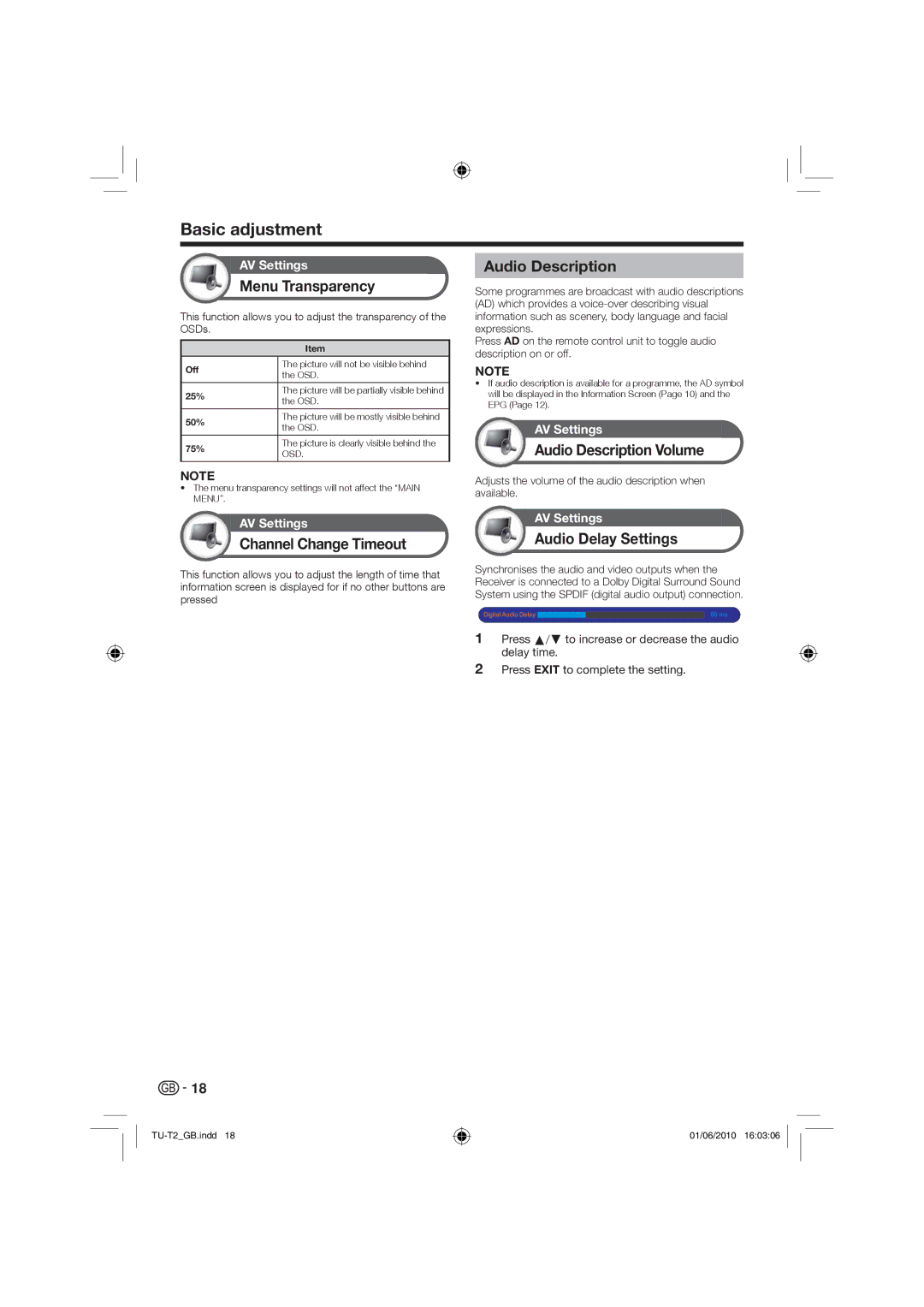 Sharp TU-T2 operation manual Basic adjustment 