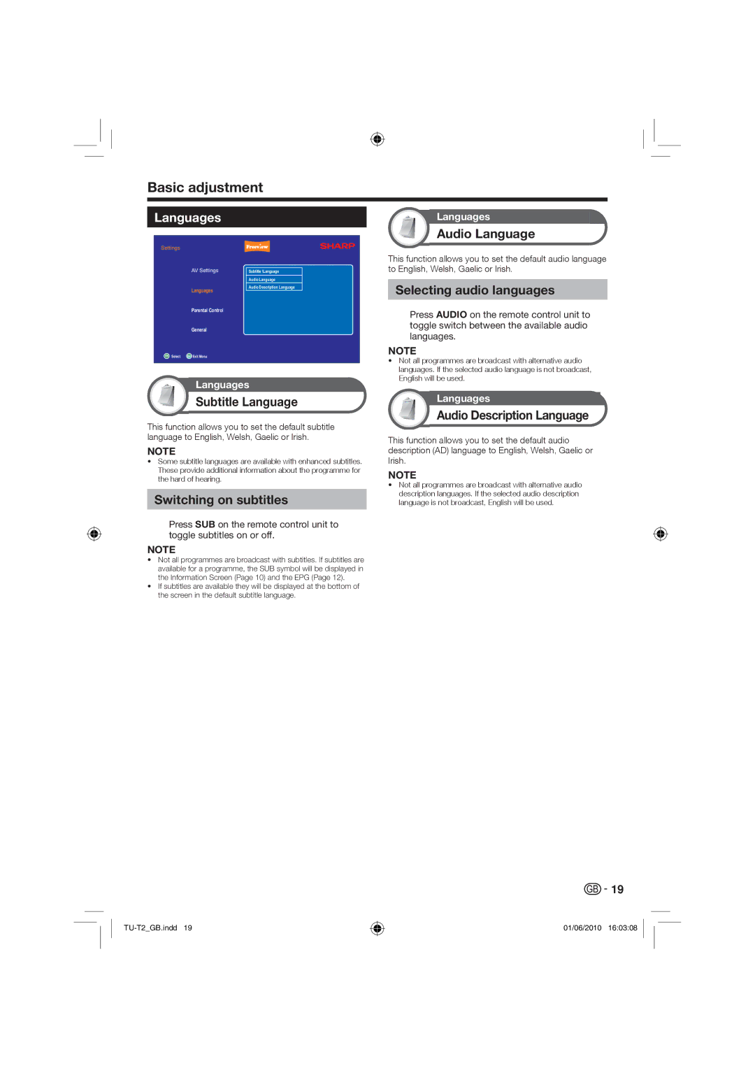 Sharp TU-T2 operation manual Languages 