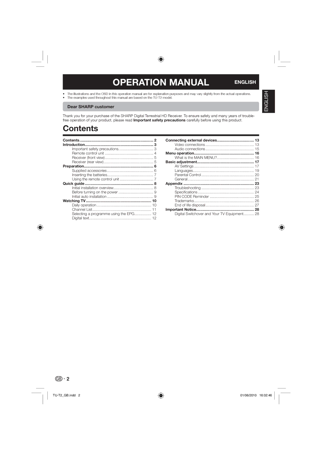 Sharp TU-T2 operation manual Contents 