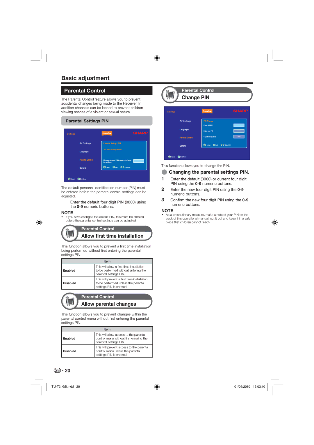 Sharp TU-T2 operation manual Parental Control, Change PIN, Allow first time installation, Allow parental changes 