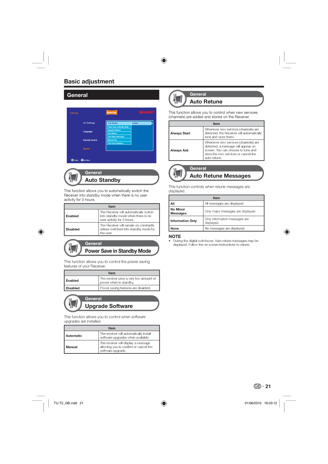 Sharp TU-T2 operation manual General, Auto Standby, Auto Retune Messages, Upgrade Software 