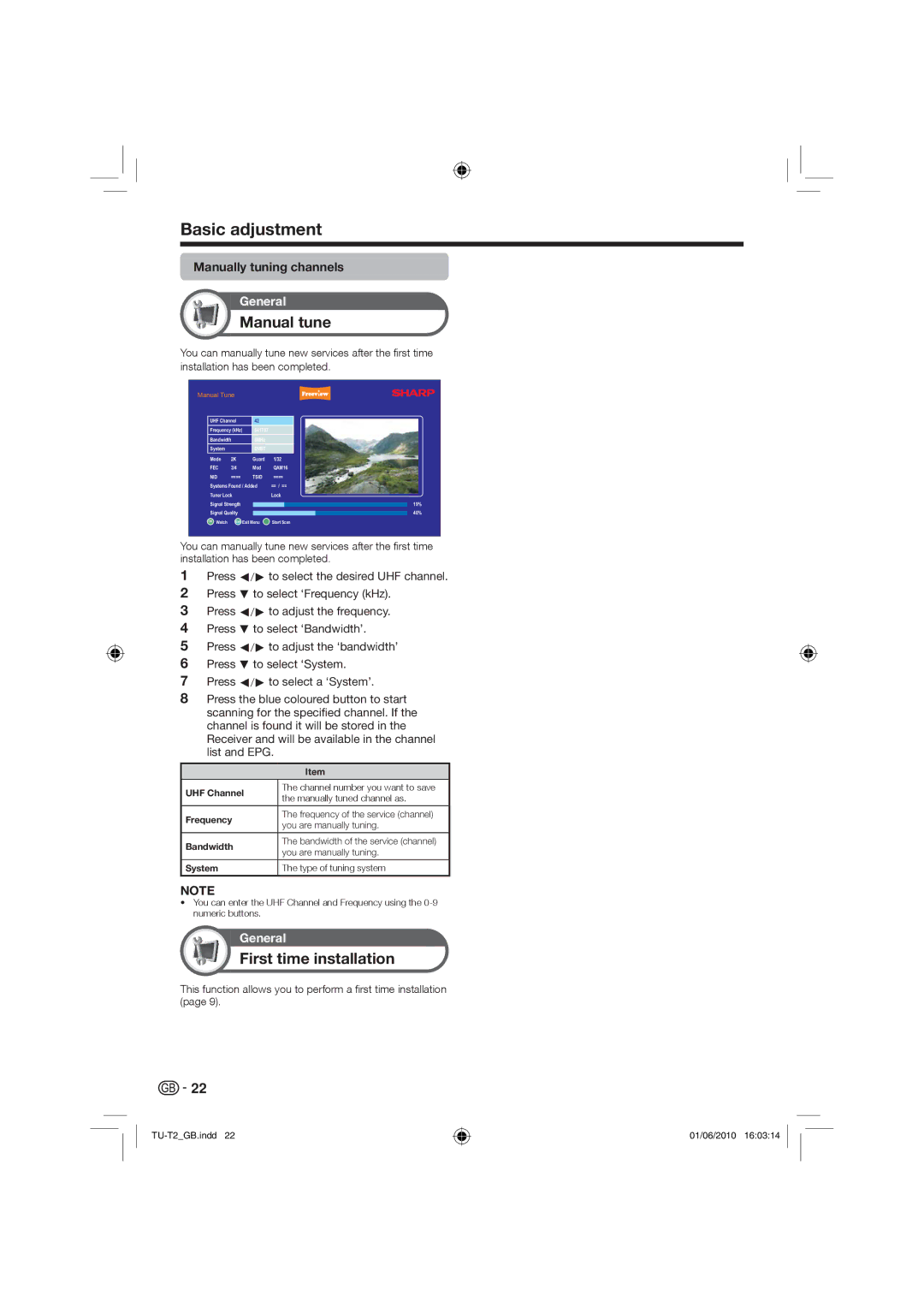 Sharp TU-T2 operation manual Manual tune, First time installation, Manually tuning channels 