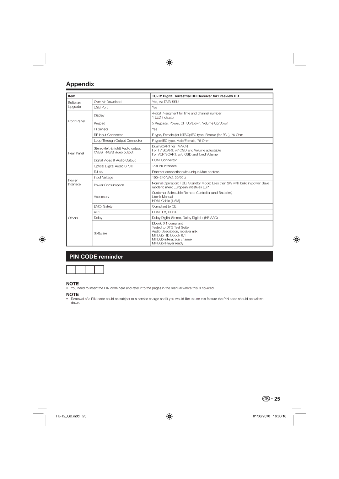 Sharp TU-T2 operation manual PIN Code reminder, ATC Hdmi 1.3, Hdcp 