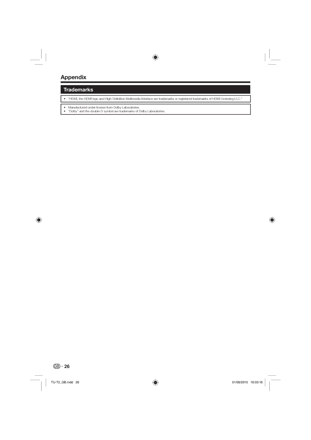 Sharp TU-T2 operation manual Trademarks 