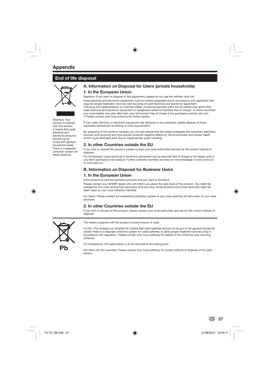 Sharp TU-T2 operation manual End of life disposal, Other Countries outside the EU 