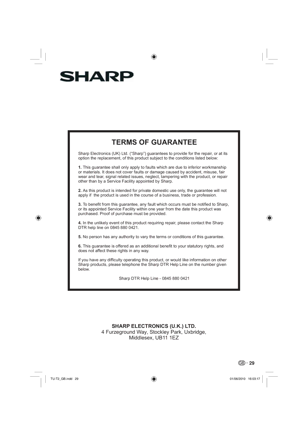 Sharp TU-T2 operation manual Terms of Guarantee 