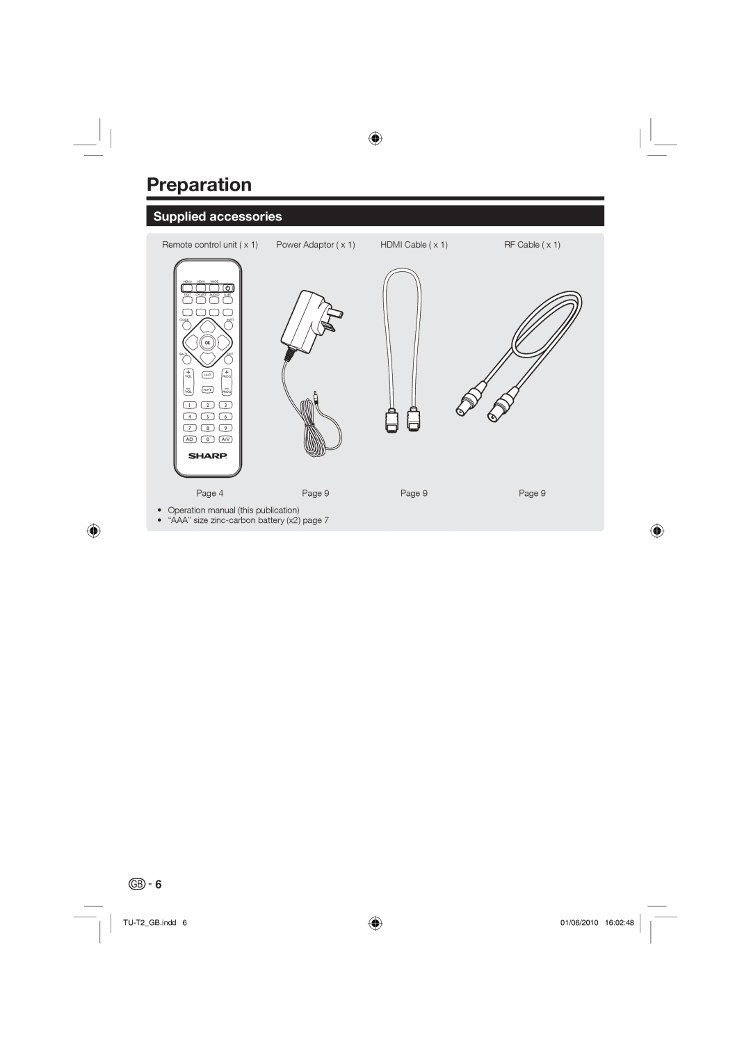 Sharp TU-T2 operation manual Preparation, Supplied accessories, AAA size zinc-carbon battery x2 