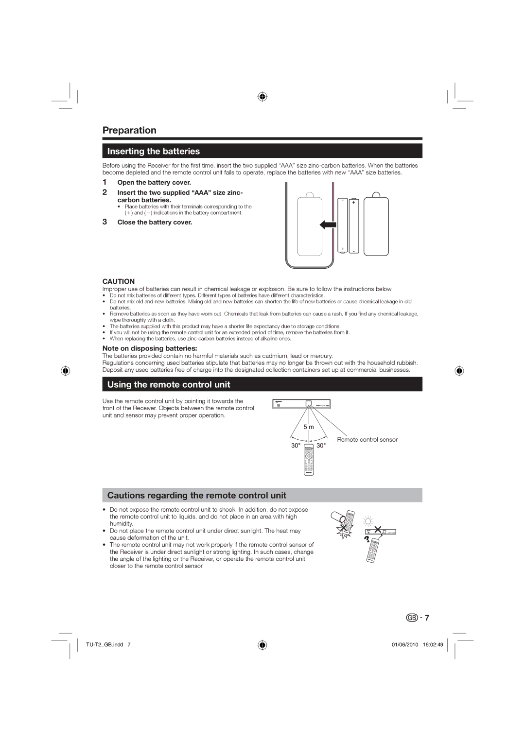 Sharp TU-T2 operation manual Preparation, Inserting the batteries, Using the remote control unit 