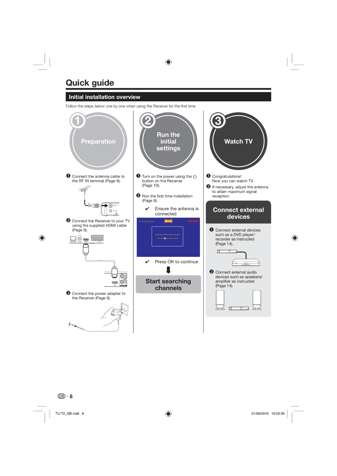 Sharp TU-T2 operation manual Quick guide, Start searching Channels, Initial installation overview 