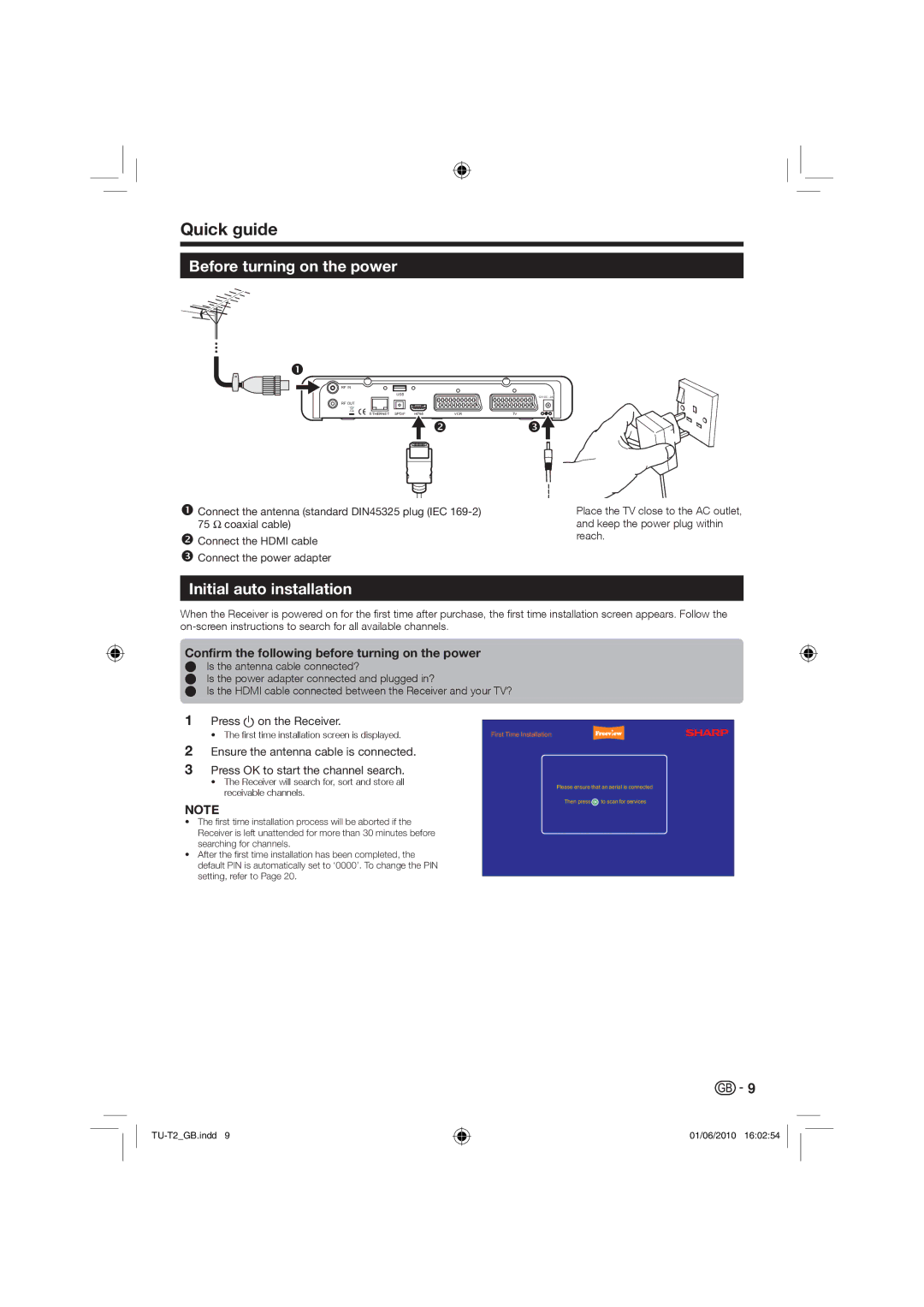 Sharp TU-T2 operation manual Quick guide, Before turning on the power, Initial auto installation 