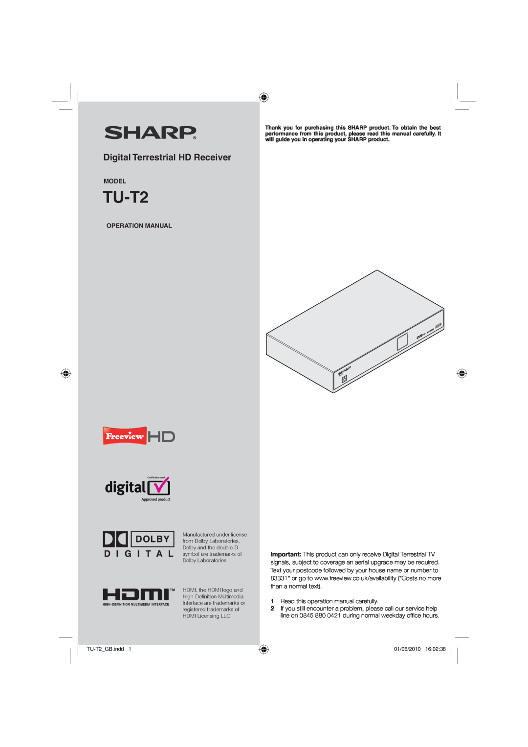 Sharp operation manual Digital Terrestrial HD Receiver, Model, Operation Manual, TU-T2GB.indd, 01/06/2010 