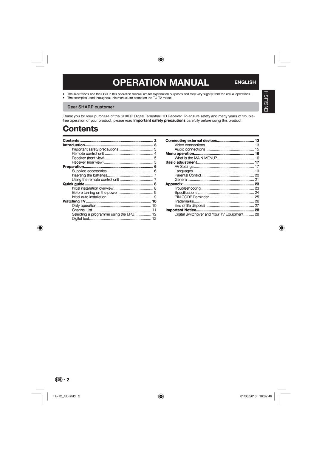 Sharp TU-T2 operation manual Contents, Dear SHARP customer, Operation Manual, English 