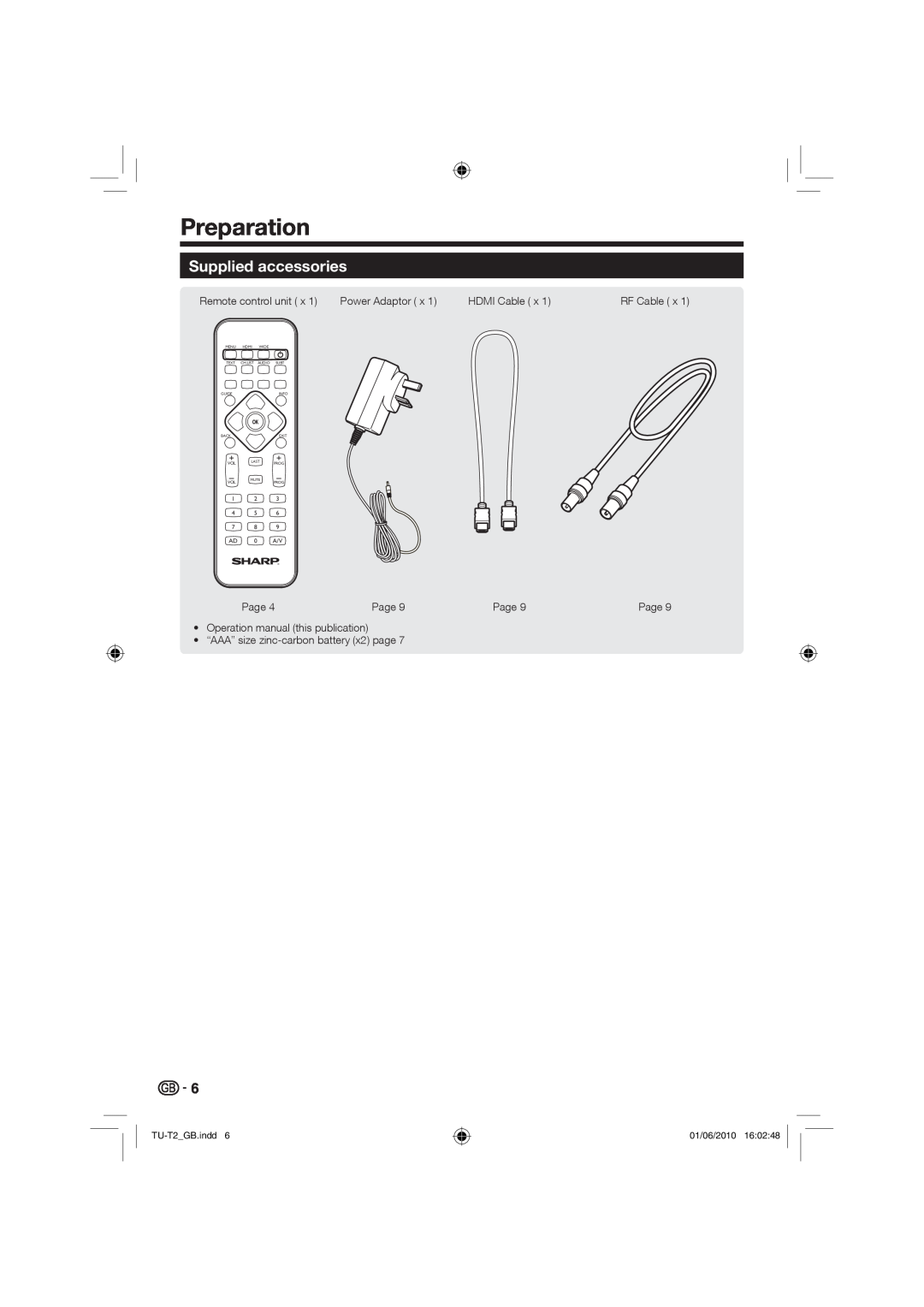 Sharp Preparation, Supplied accessories, TU-T2GB.indd, 01/06/2010, Menu, Hdmi, Wide, Text, Audio Subt, Guide, Info 