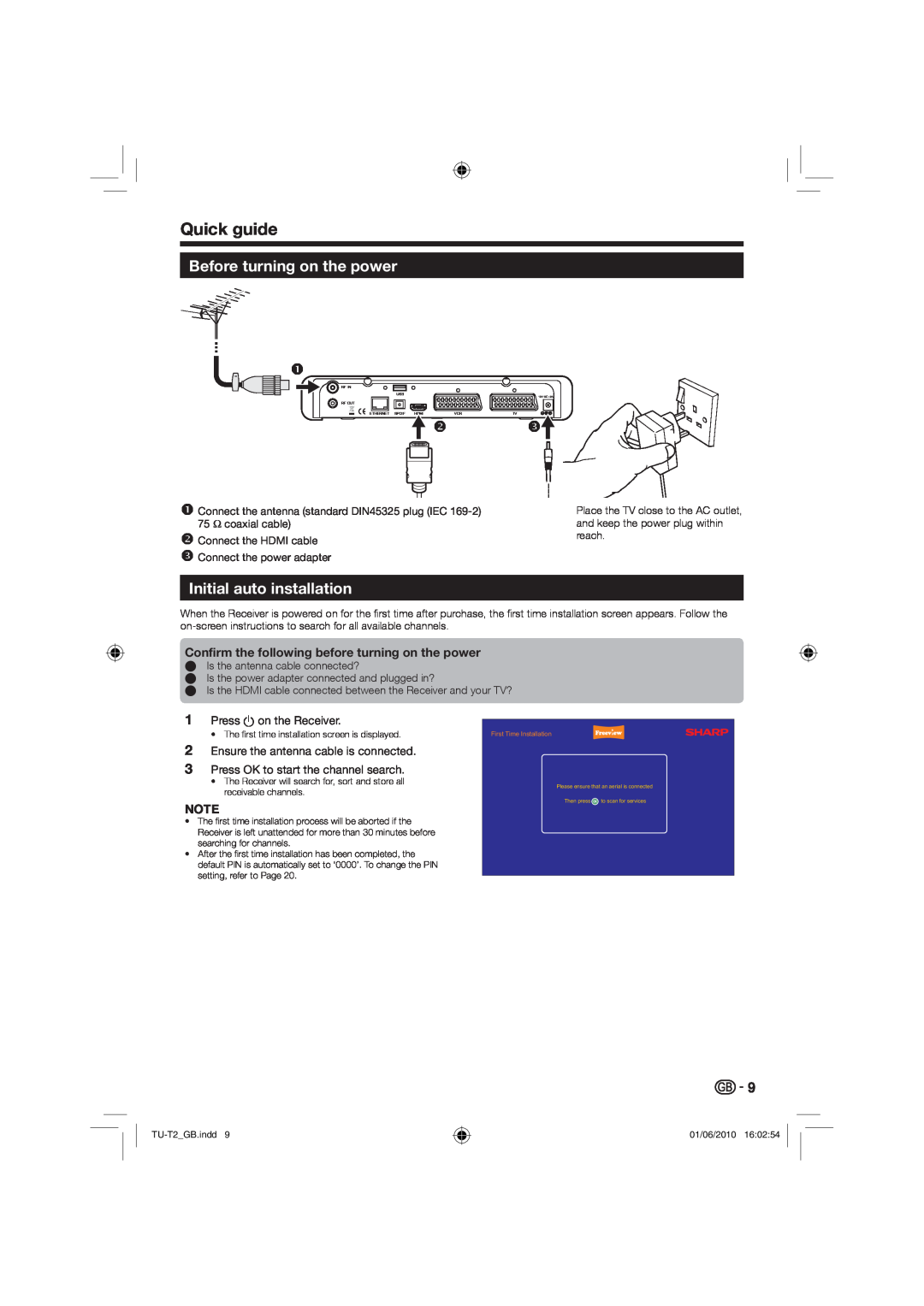 Sharp TU-T2 operation manual Quick guide, Before turning on the power, Initial auto installation, Press a on the Receiver 
