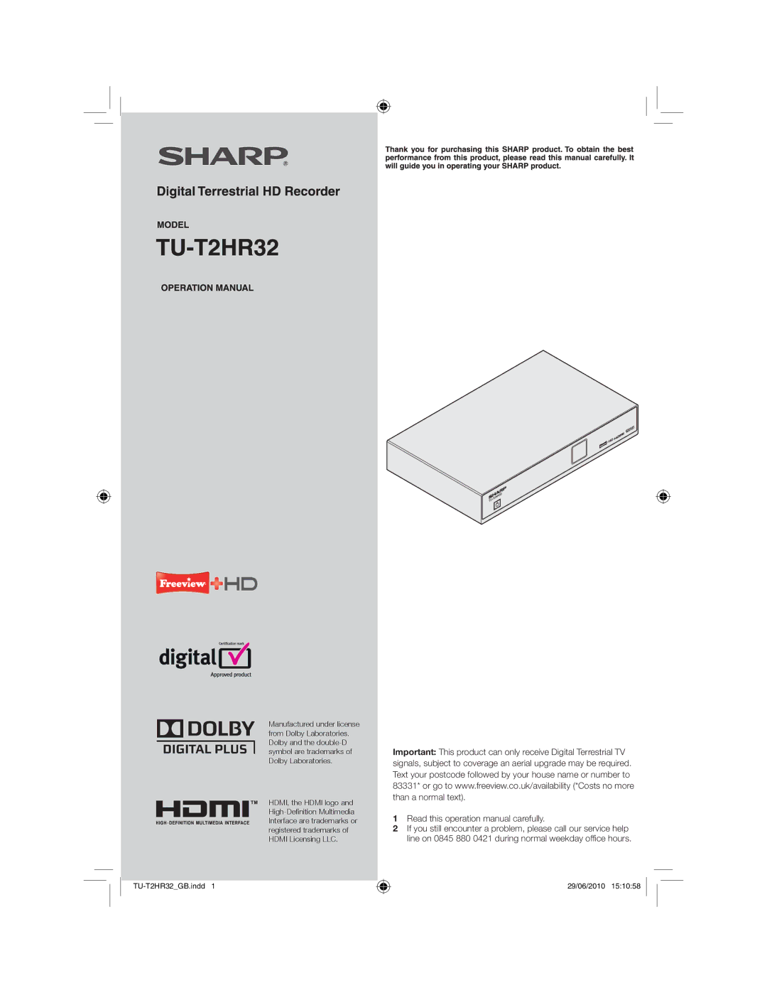 Sharp TU-T2HR32 operation manual 