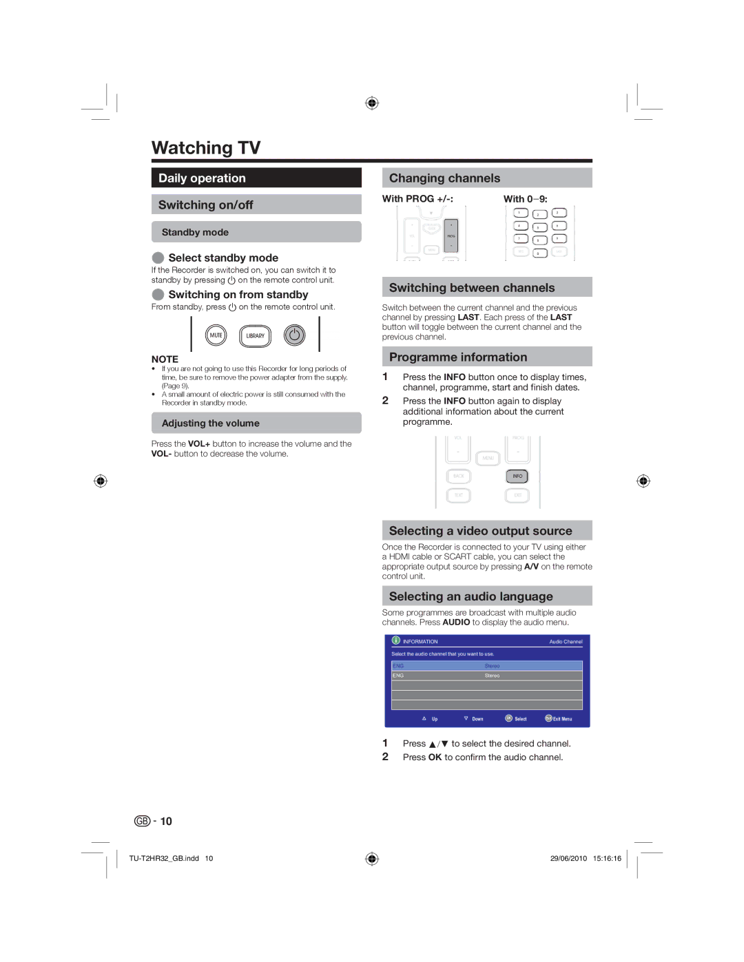 Sharp TU-T2HR32 operation manual Watching TV, Daily operation 