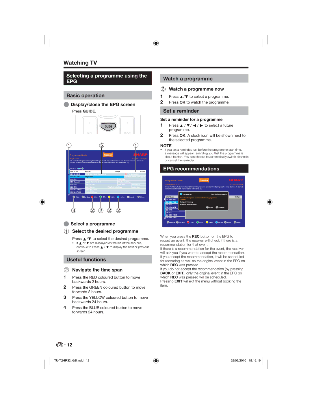 Sharp TU-T2HR32 operation manual Selecting a programme using, Watch a programme, Set a reminder, EPG recommendations 