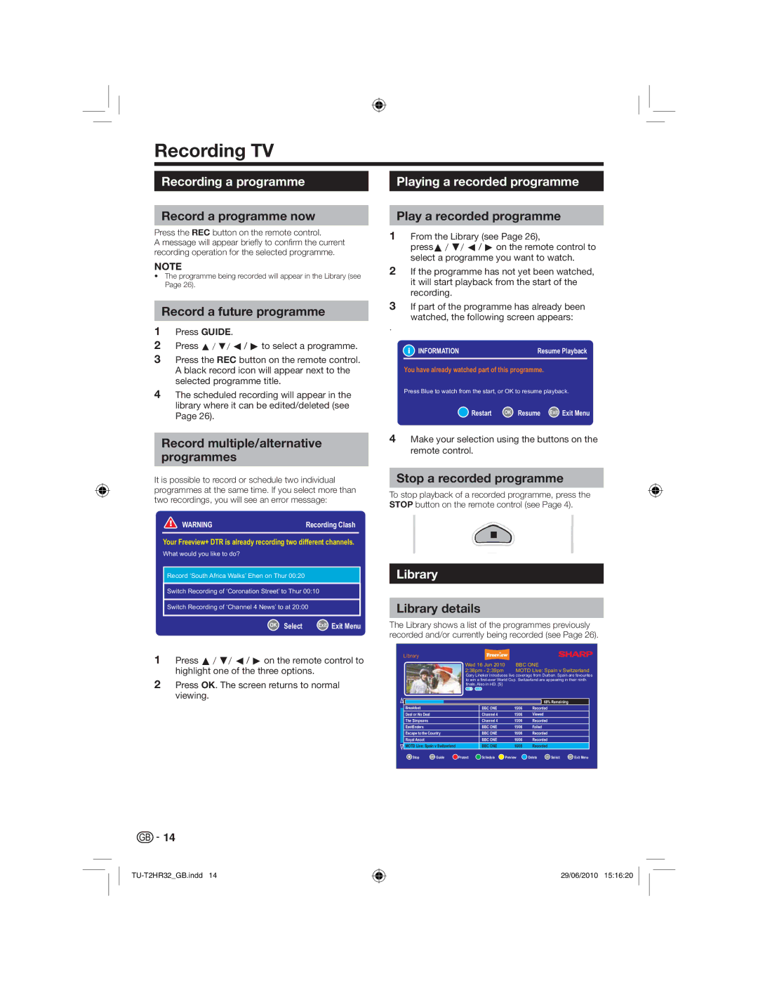 Sharp TU-T2HR32 operation manual Playing a recorded programme, Library 