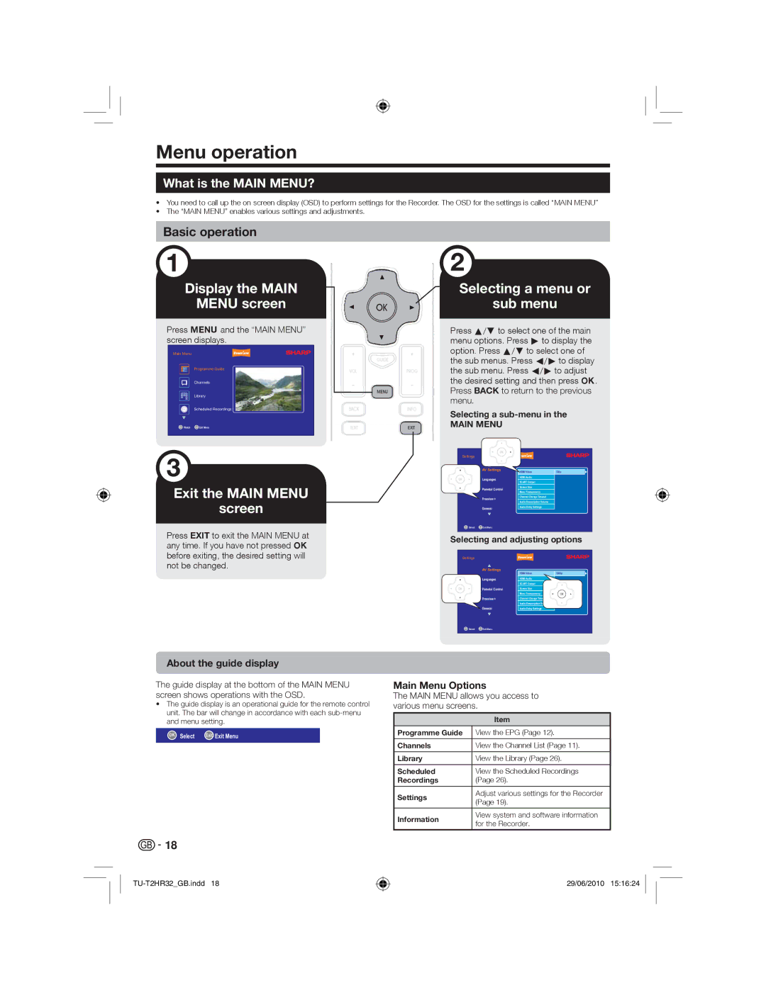 Sharp TU-T2HR32 operation manual Menu operation, What is the Main MENU?, About the guide display, Main Menu Options 