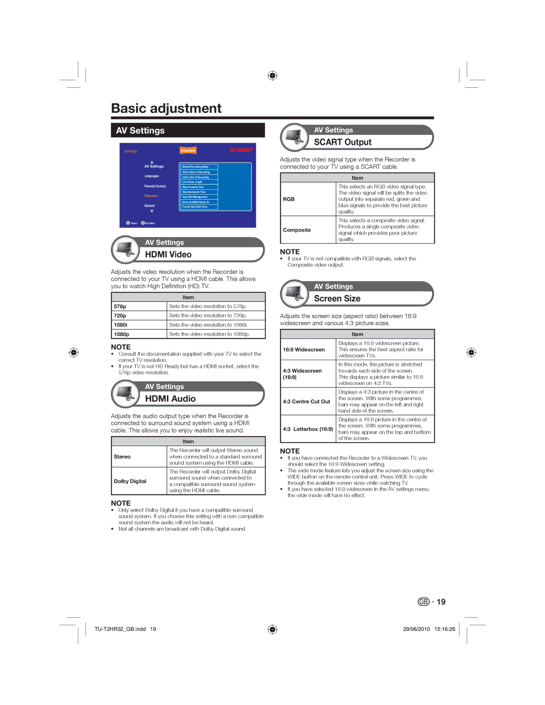 Sharp TU-T2HR32 operation manual Basic adjustment, AV Settings 