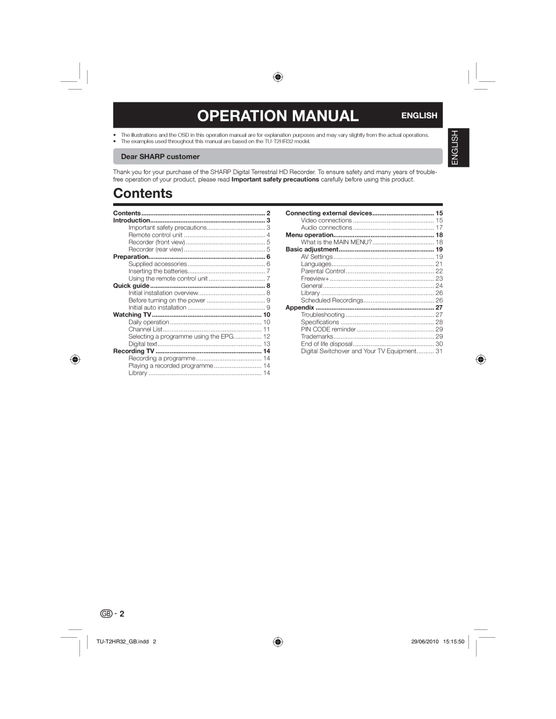 Sharp TU-T2HR32 operation manual Contents 