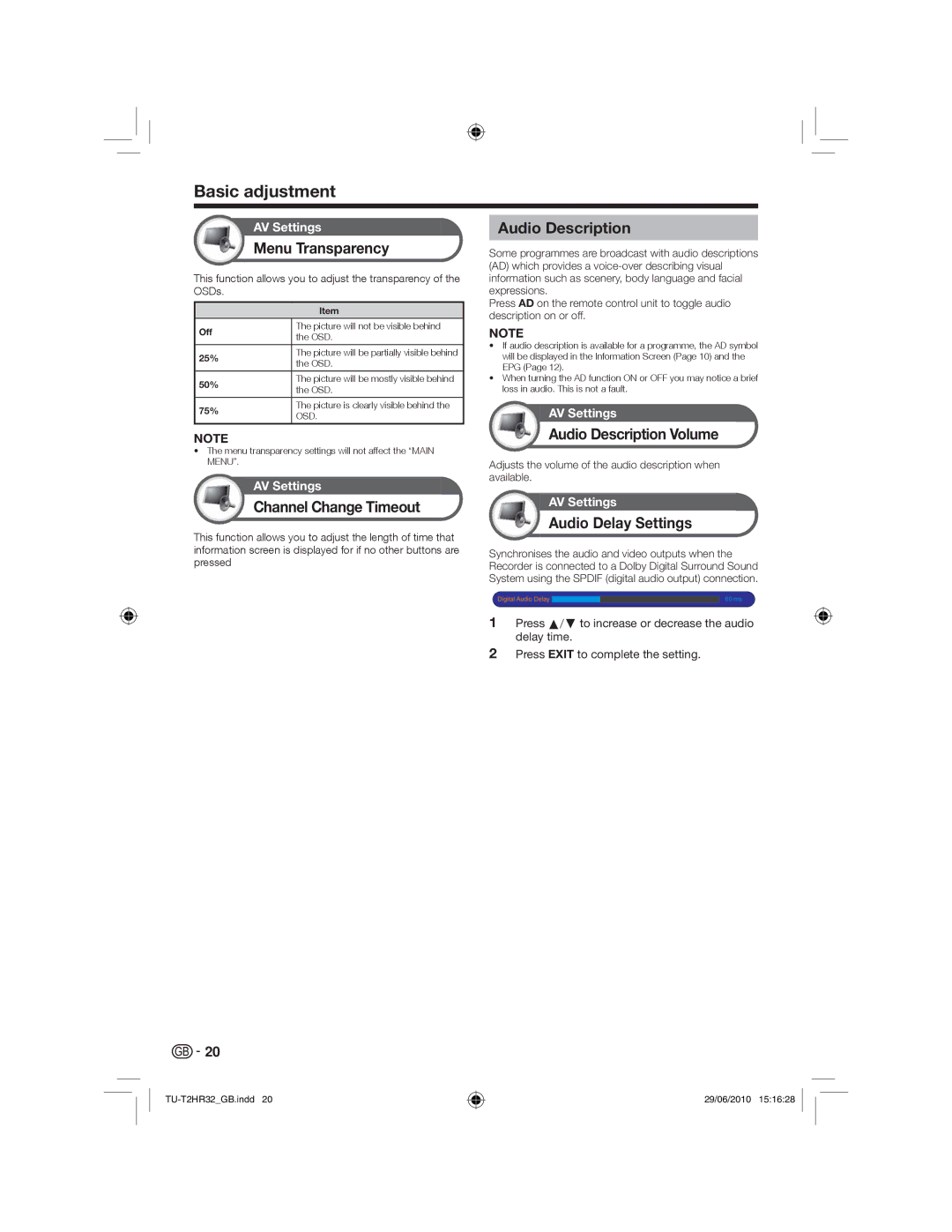 Sharp TU-T2HR32 operation manual Basic adjustment 