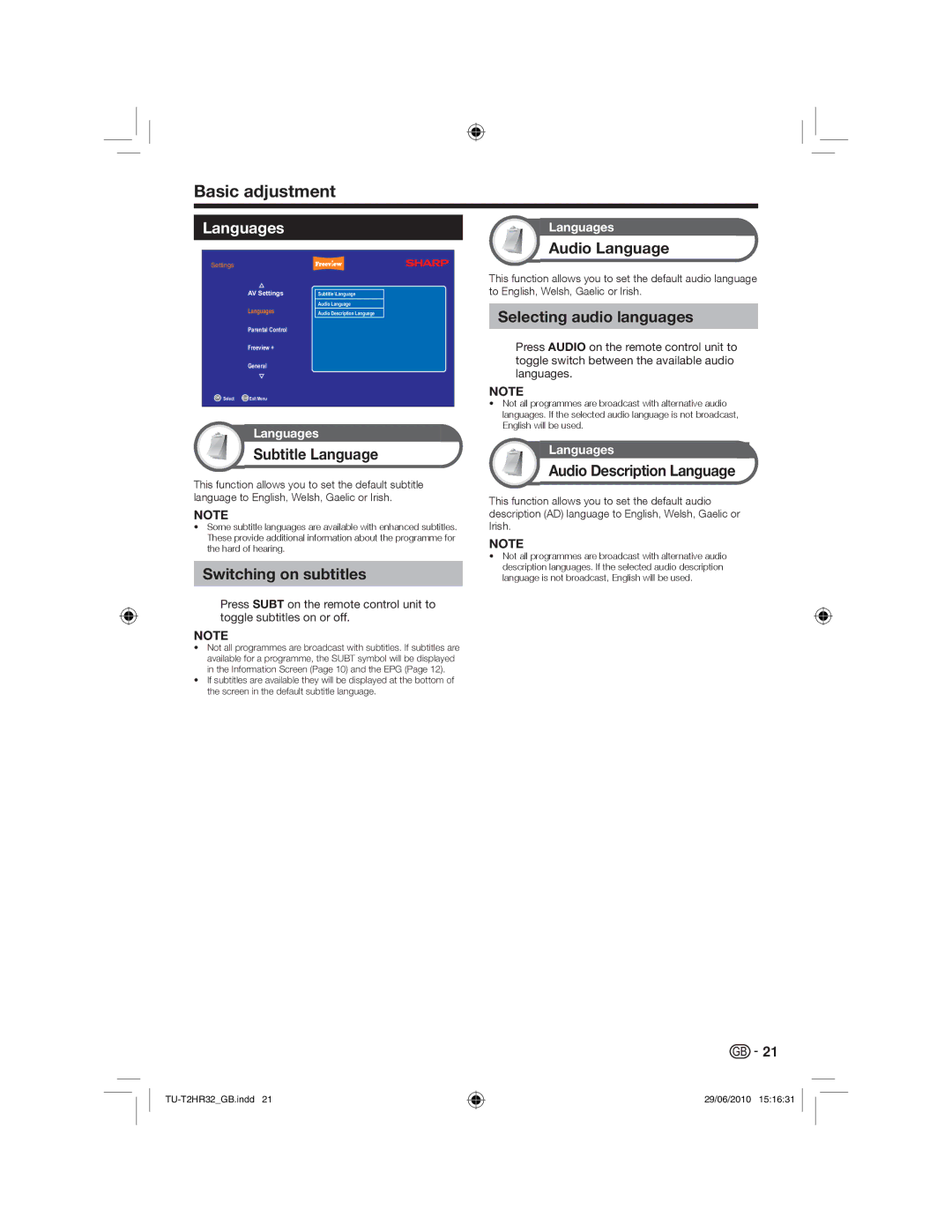 Sharp TU-T2HR32 operation manual Languages 