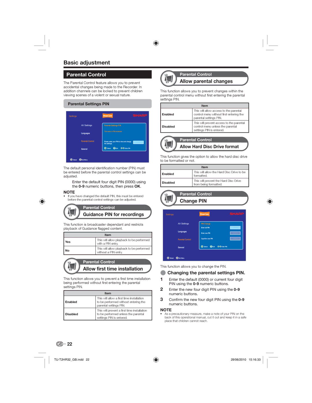 Sharp TU-T2HR32 operation manual Parental Control, Allow parental changes, Guidance PIN for recordings, Change PIN 