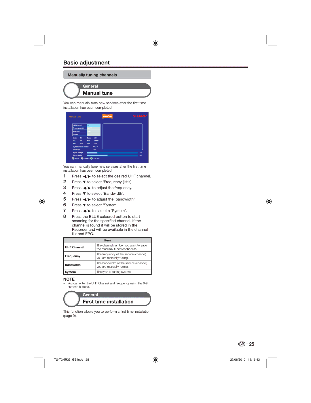 Sharp TU-T2HR32 operation manual Manual tune, First time installation, Manually tuning channels 