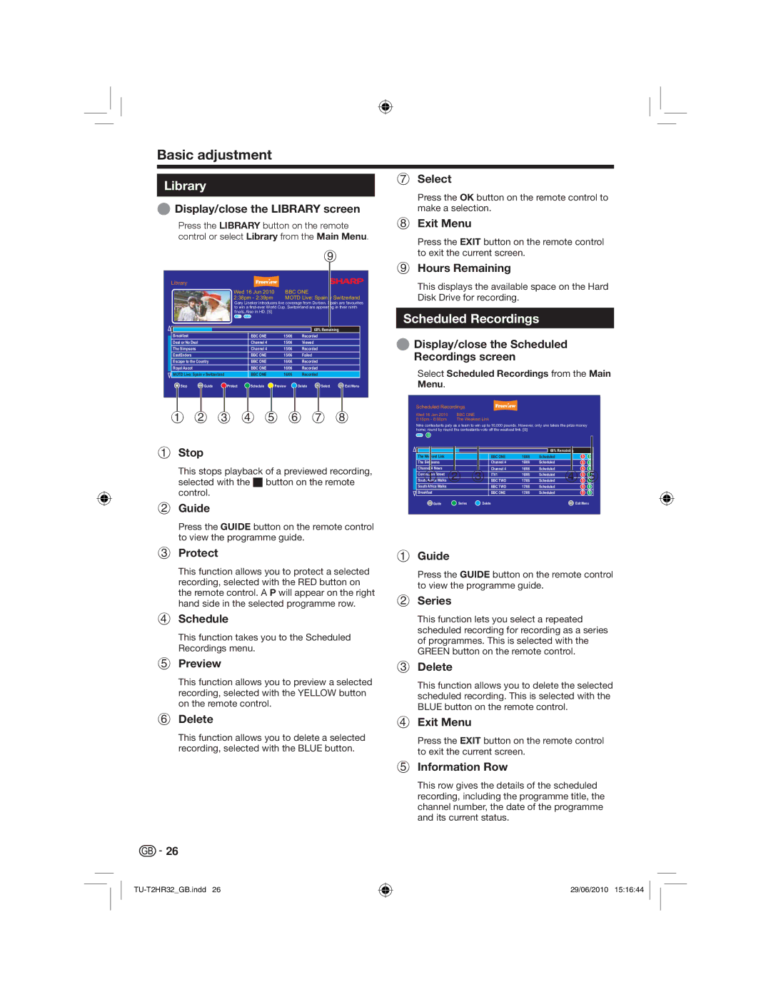 Sharp TU-T2HR32 operation manual Scheduled Recordings 