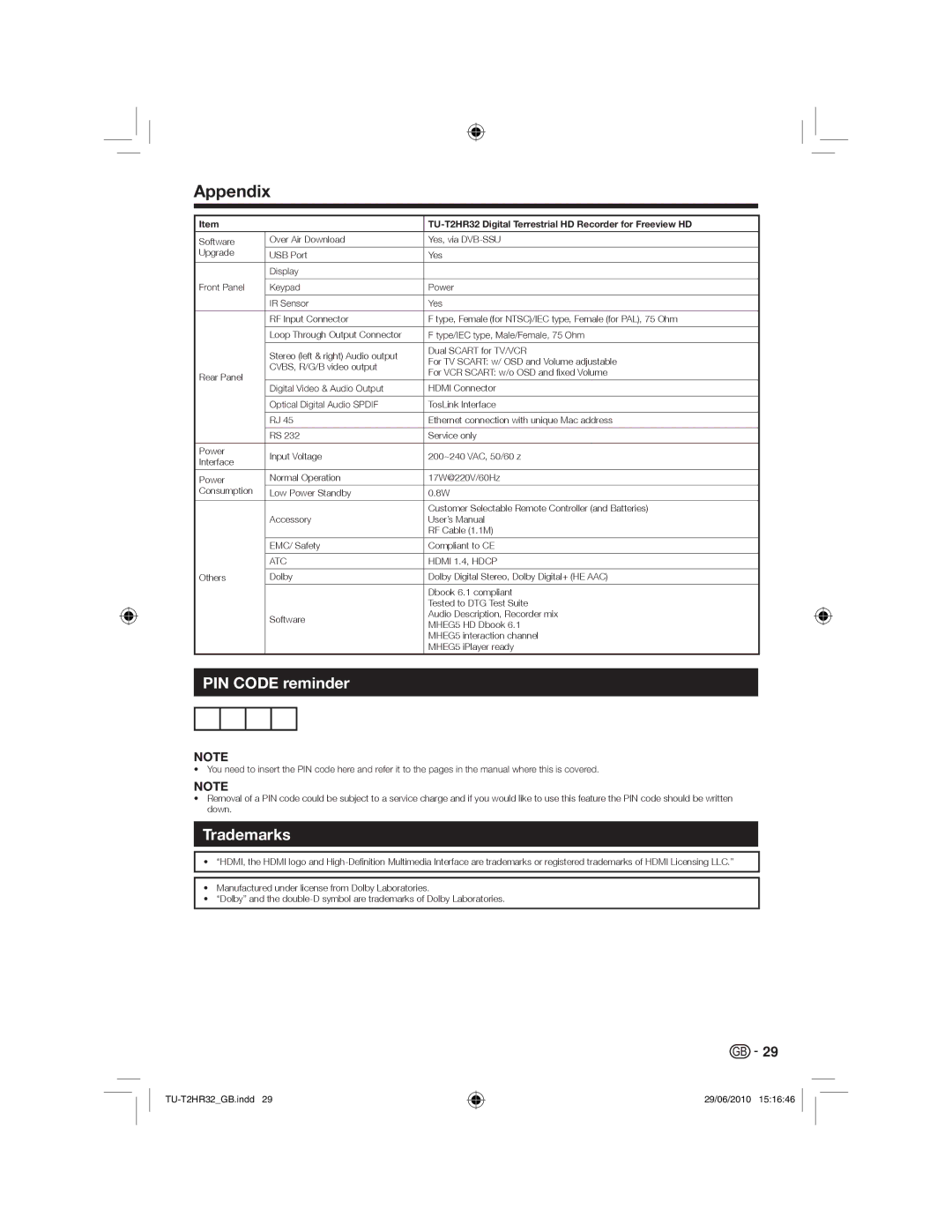 Sharp TU-T2HR32 operation manual PIN Code reminder, Trademarks 