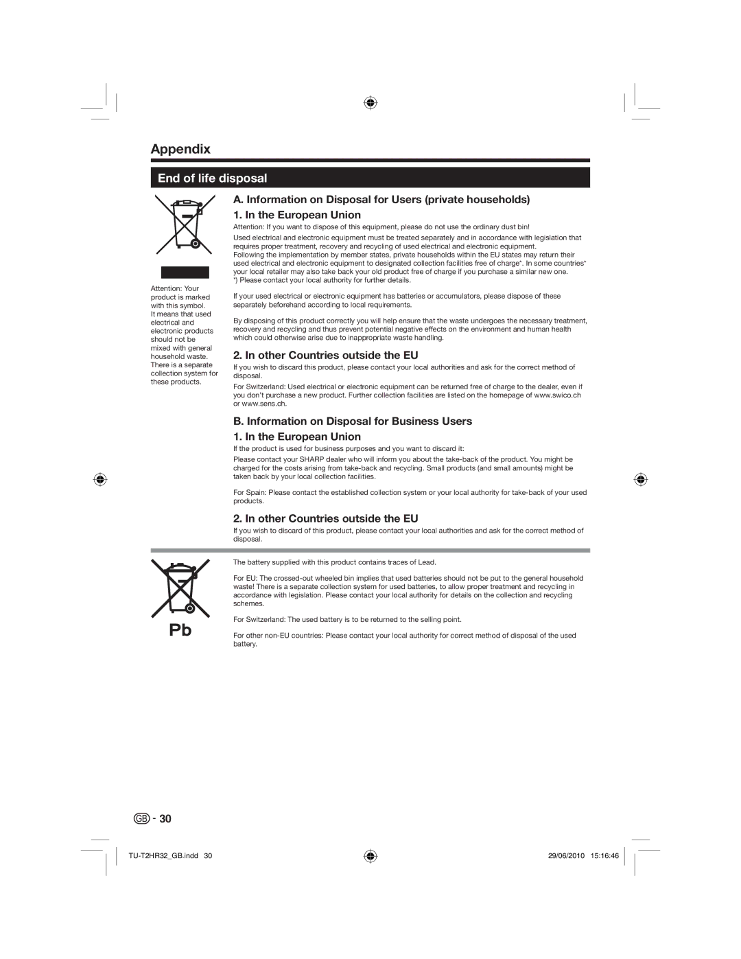 Sharp TU-T2HR32 operation manual End of life disposal, Other Countries outside the EU 