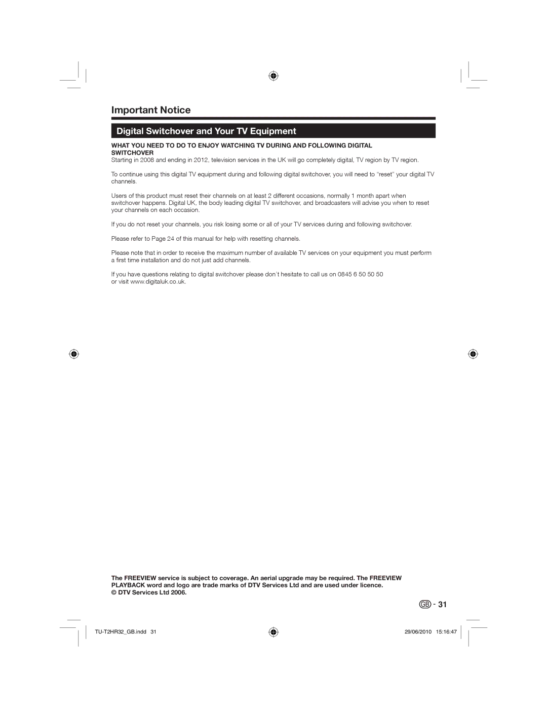 Sharp TU-T2HR32 operation manual Important Notice, Digital Switchover and Your TV Equipment 