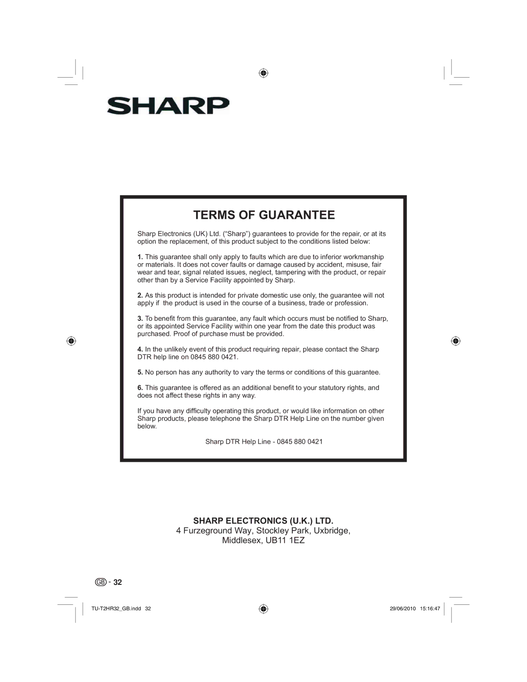 Sharp TU-T2HR32 operation manual Terms of Guarantee 