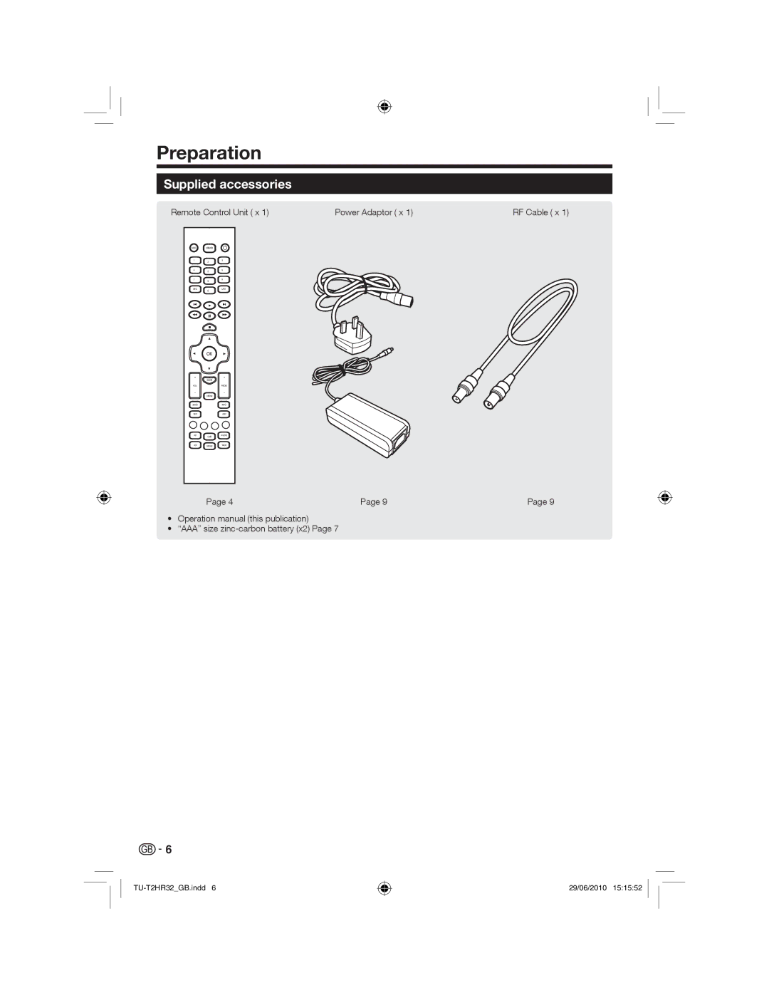 Sharp TU-T2HR32 Preparation, Supplied accessories, Remote Control Unit x Power Adaptor x, AAA size zinc-carbon battery x2 