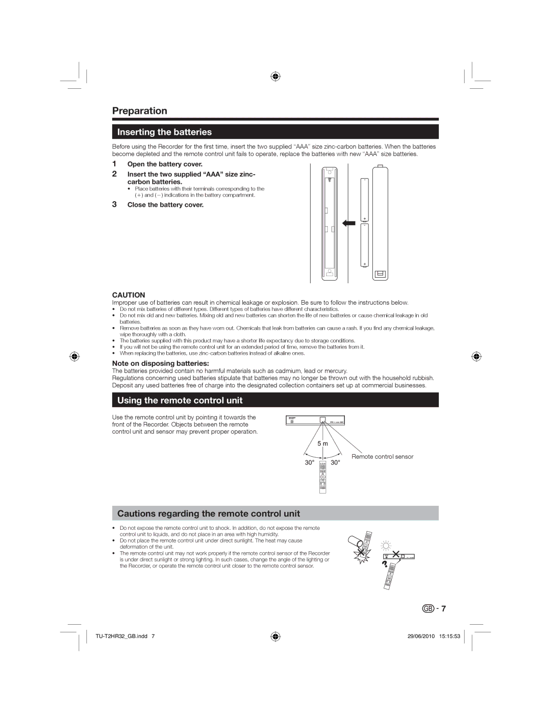 Sharp TU-T2HR32 operation manual Preparation, Inserting the batteries, Using the remote control unit, Remote control sensor 