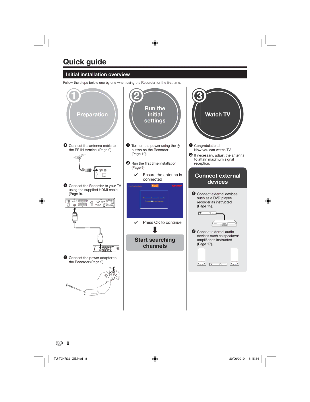 Sharp TU-T2HR32 operation manual Quick guide, Start searching Channels, Initial installation overview 