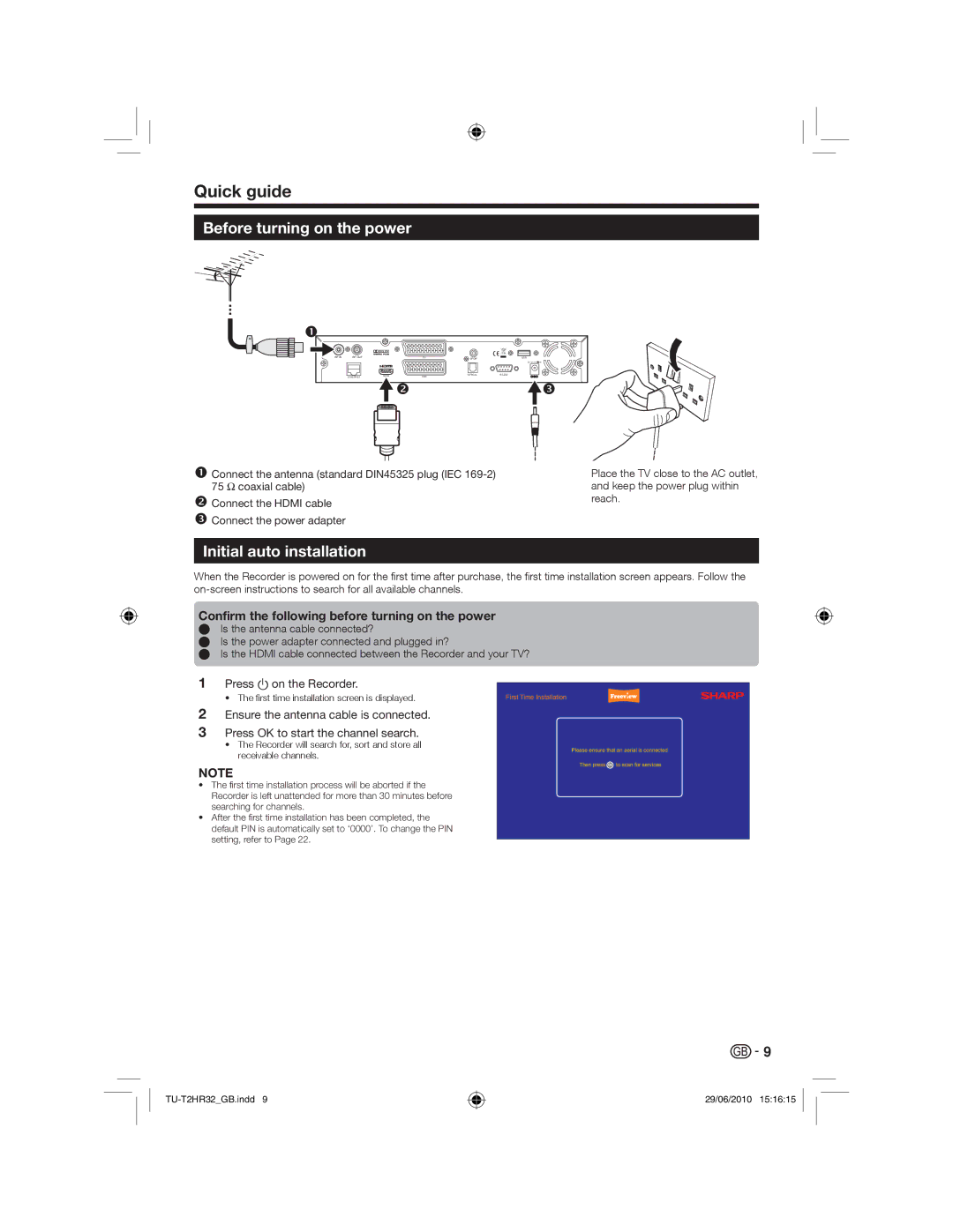 Sharp TU-T2HR32 operation manual Quick guide, Before turning on the power, Initial auto installation 