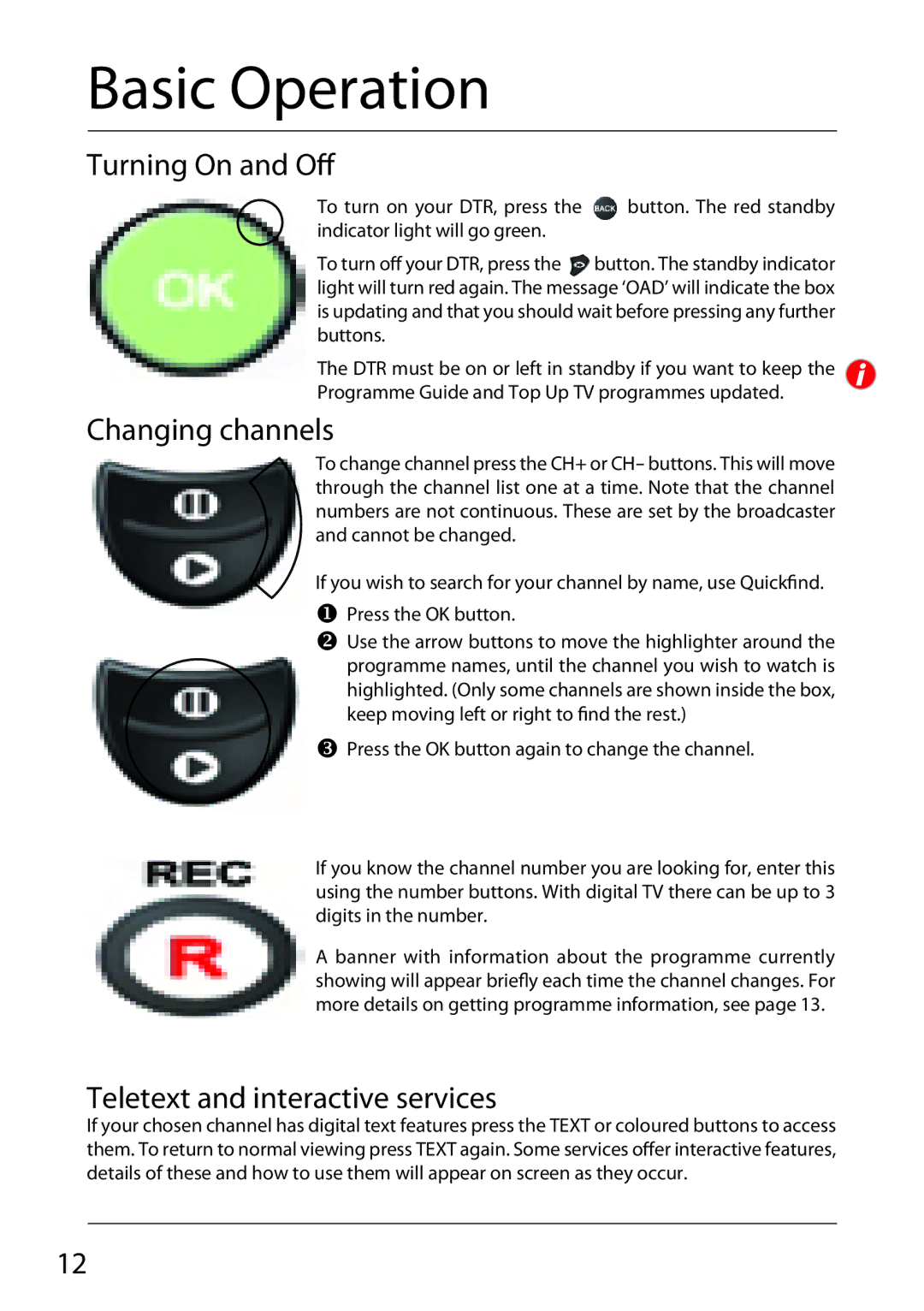 Sharp TU-TV322H operation manual Basic Operation, Turning On and Off, Changing channels, Teletext and interactive services 