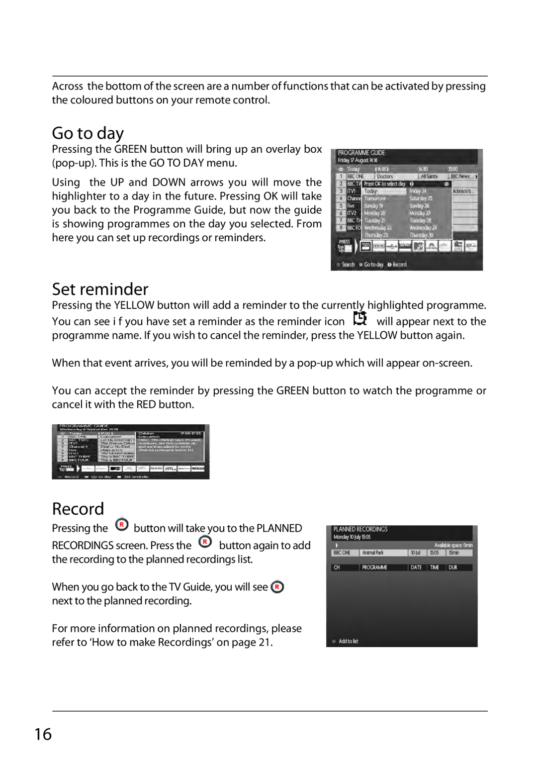 Sharp TU-TV322H operation manual Go to day, Set reminder, Record 