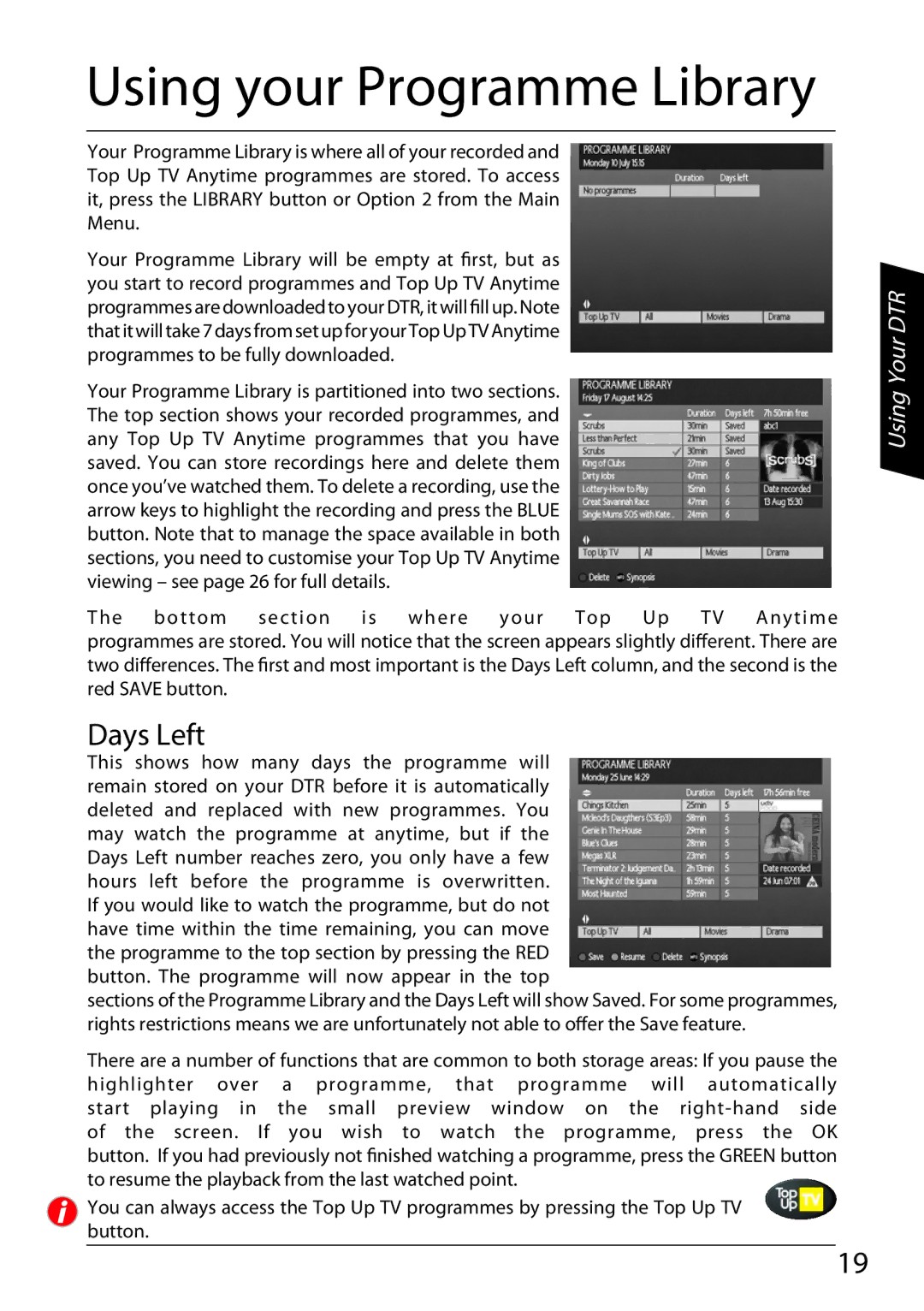 Sharp TU-TV322H operation manual Using your Programme Library, Days Left 