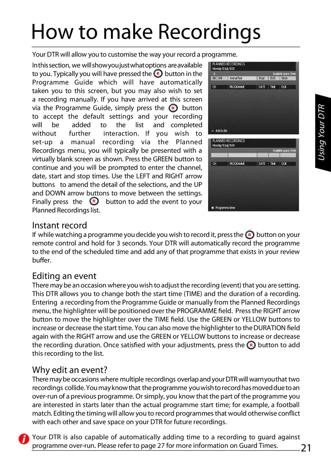 Sharp TU-TV322H operation manual How to make Recordings, Instant record, Editing an event, Why edit an event? 