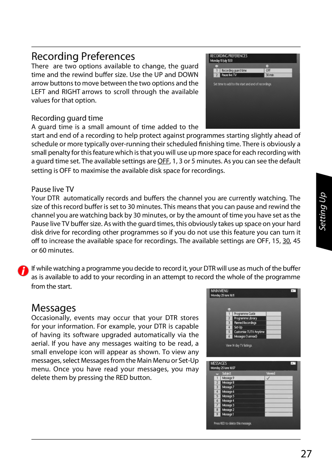 Sharp TU-TV322H operation manual Recording Preferences, Messages 